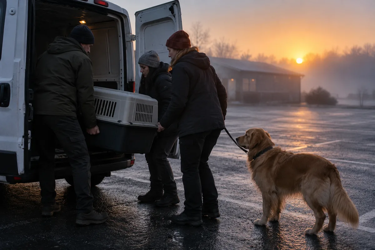 Voluntarios cargan una jaula de transporte en una camioneta al amanecer