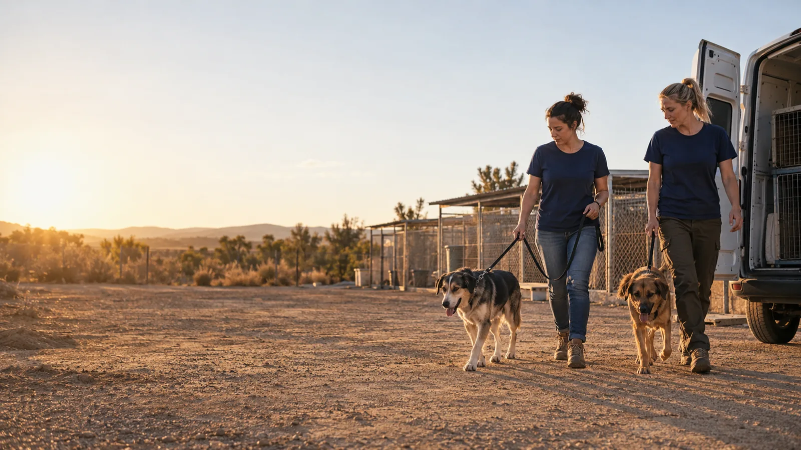 Dos voluntarias de Horizon SCJ caminhan con dos perros rescatados junto a una camioneta de transporte al atardecer