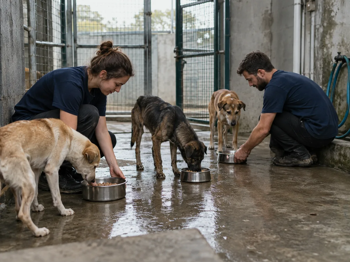Dos voluntarias alimentan perros rescatados en el corral de un refugio