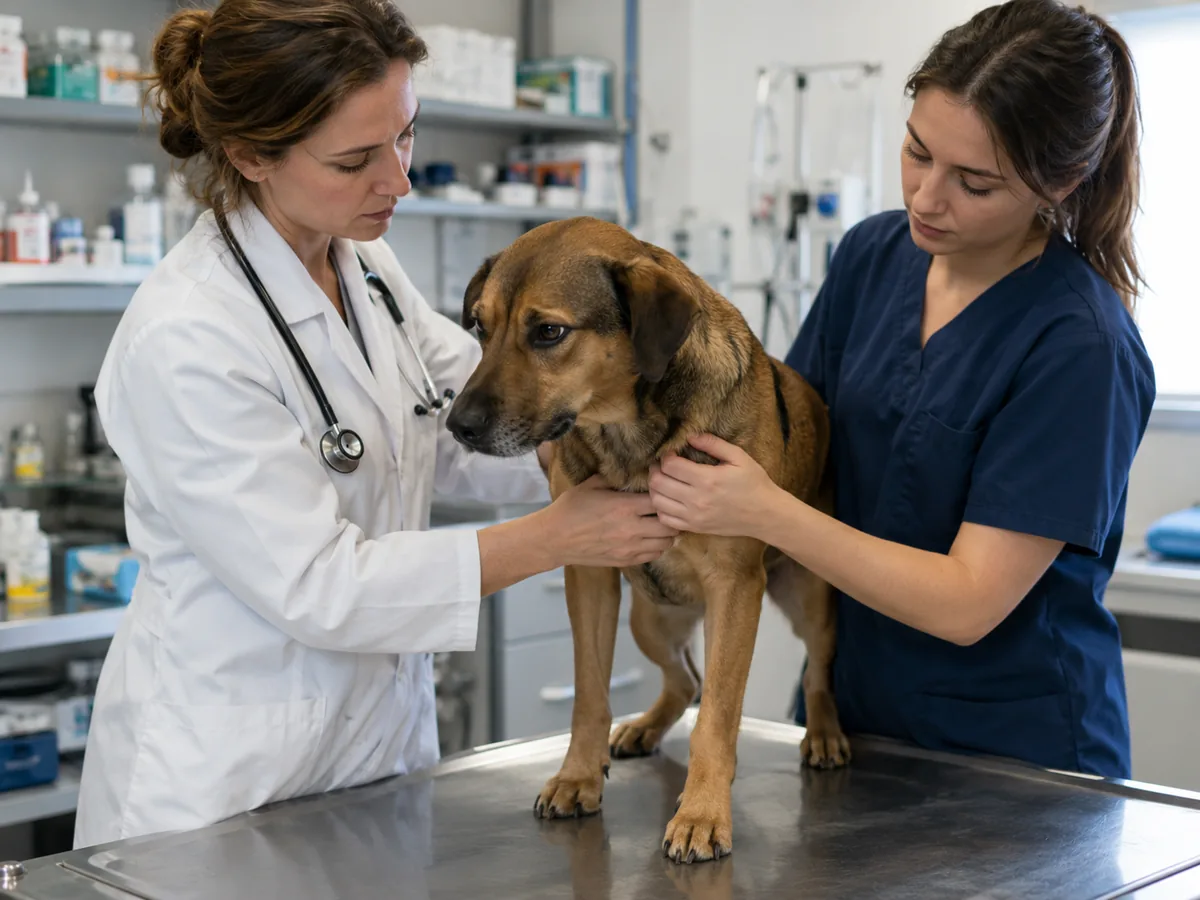Veterinaria y asistente examinan a un perro sobre la mesa de una clínica