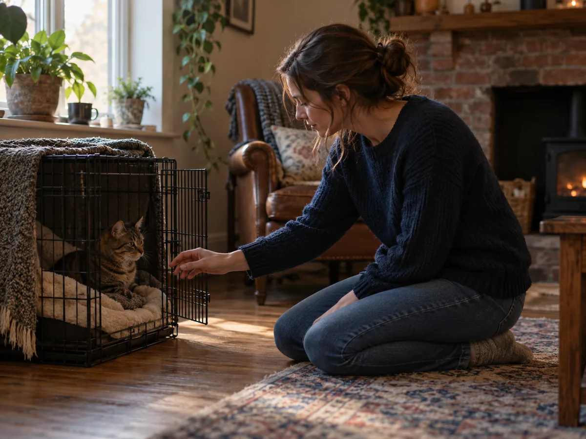 Voluntaria sentada en el piso de una sala junto a una jaula abierta con un gato dentro
